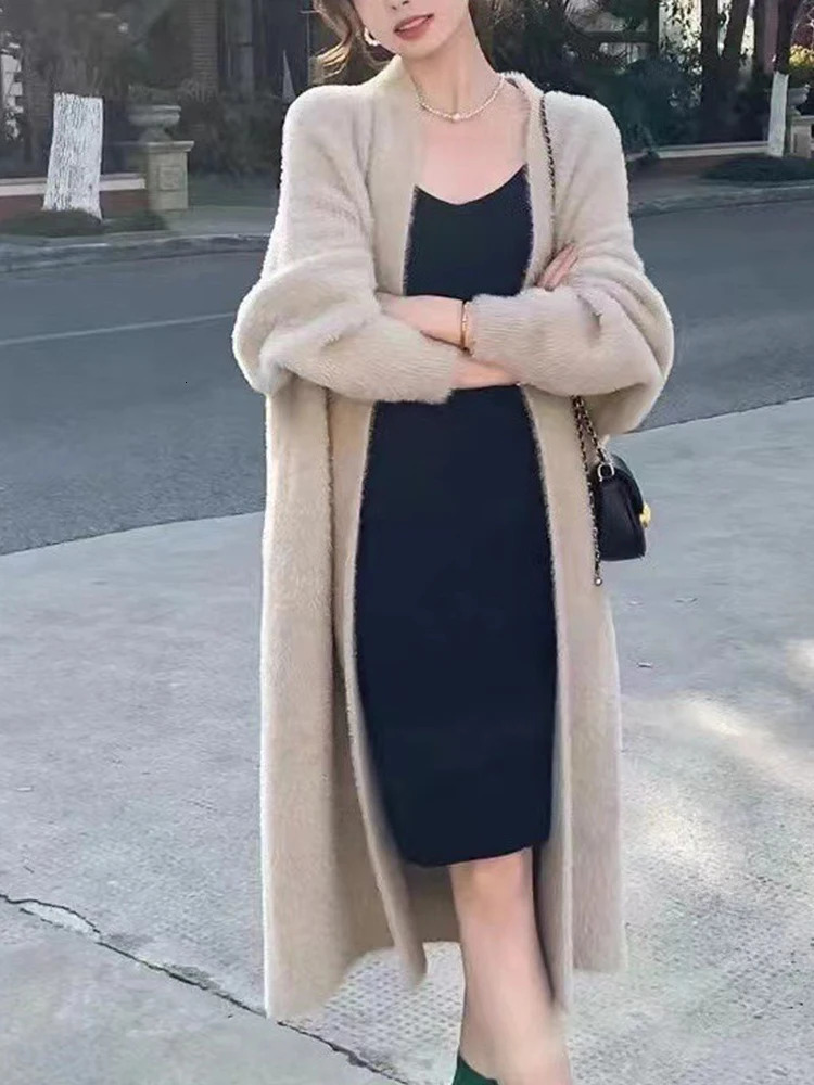 AutumnWinter Lazy Style Warm Knee Length Thickened Women Cardigan Pure Mink Fleece Knitted Sweater Women Warm Coat 250804