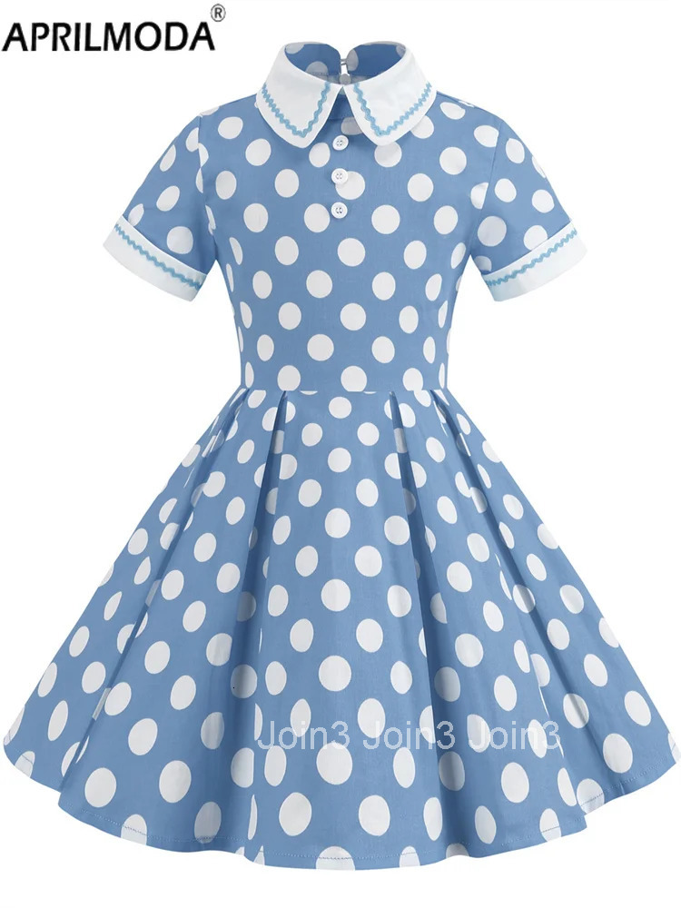 Hepburn Style 50s Vintage Childs Casual Dress Dot Print Cosplay Costume Party Little Girls Midi Dress 60s Elegant Pleated Dress