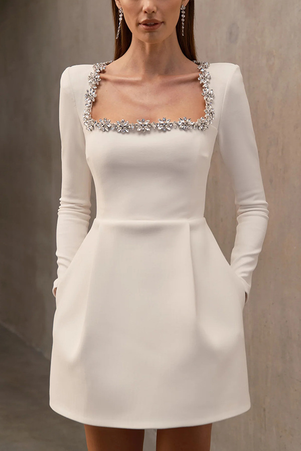 Autumn Flocking Women's Elegant Square Neck Rhinestone Short Velvet Dress