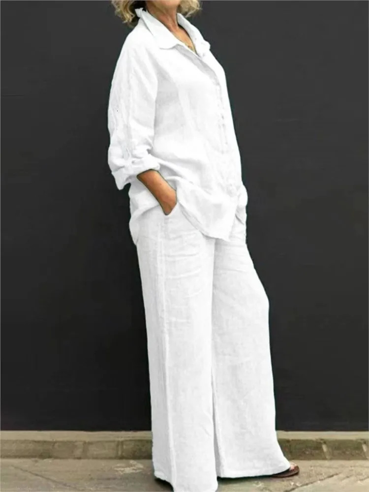 Solid Color Cotton Linen Shirt 2 Piece Set For Women Spring Autumn Long Sleeve Blouse Wide Leg Pants Suits Female Casual Outfits 250805