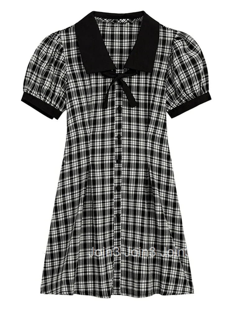 French Elegance Checkerboard Plaid Frocks Thin Turn Down Collar Bow A-Line Office Lady Summer Casual Clothing Streetwear