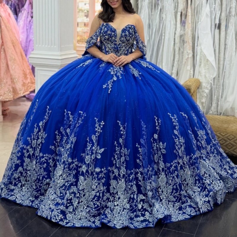 Royal Blue Shiny Quinceanera Dresses Off The Shoulder Sequin Applique Lace Beading Bow Tull Ball Gown Vestidos De 15 Anos Sweet 16 Dress