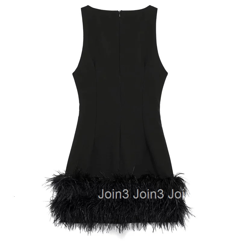 TRAF Womens Dress Feathers Sleeveless Mini Dress Elegant Black Short Dresses Bodycon Party Dresses Woman Vest Christmas Dress