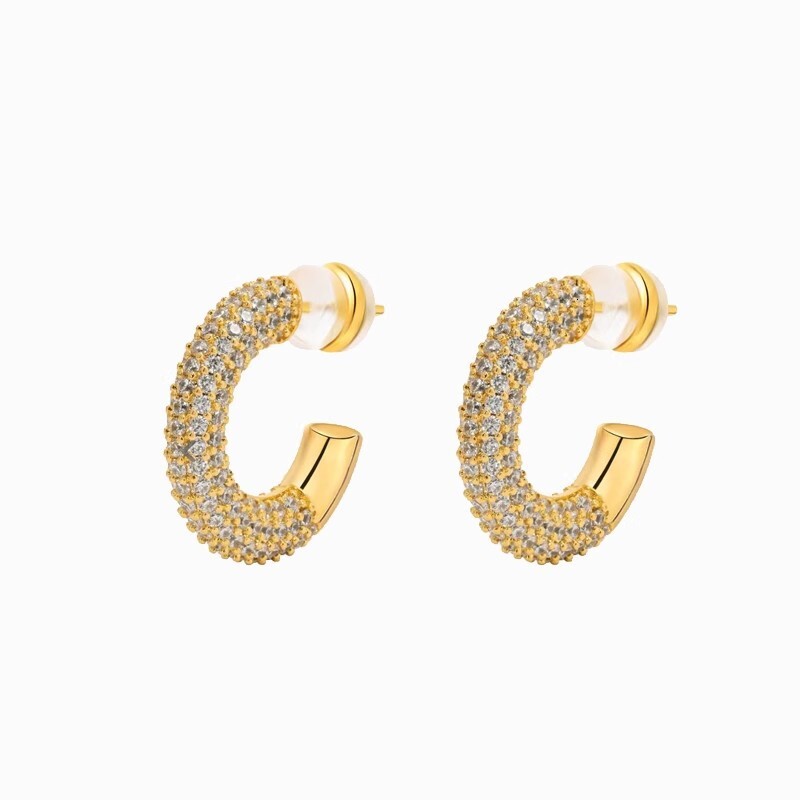 Sterling Sier Needle Style Simple C-shaped for Women Exquisite Micro-inlaid 5A Grade Zirconia Stud Earrings Real Gold Plated Ear Jewelry