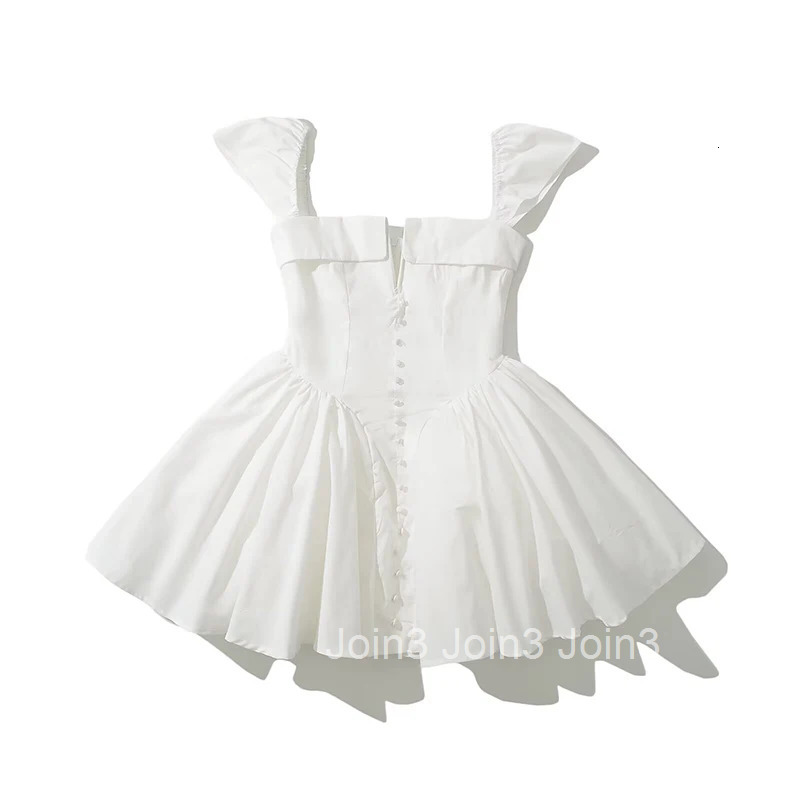 YENKYE Summer Women Sexy Fit And Flare White Mini Dresses Short Sleeve Low Waist Elegant Party Dress Ladies Bridesmaids Robe