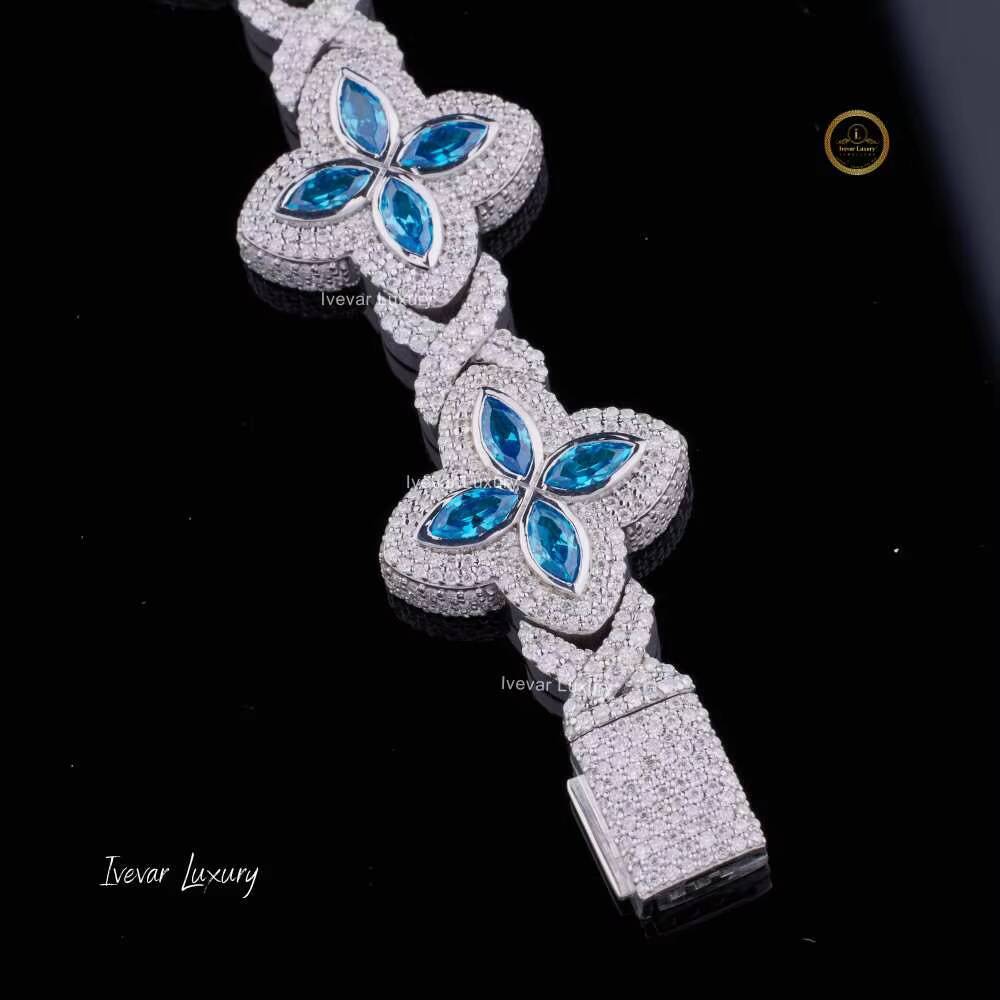 Hot Selling Fashion Hip Hop Jewelry 925 Sterling Silver Colored Moissanite Diamond Four Leaf Clover Infinity Link Bracelet