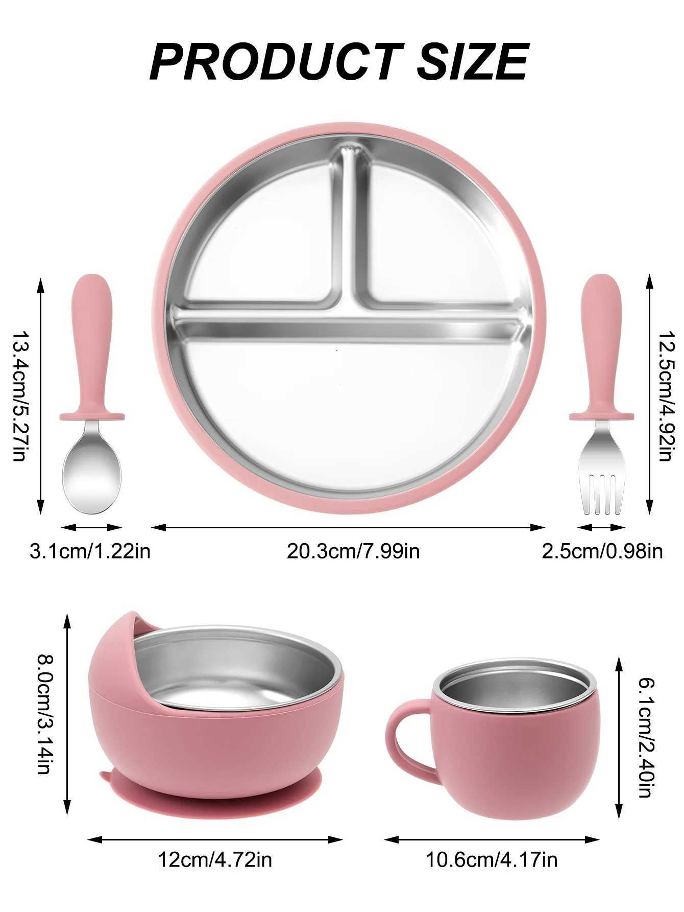 5PCS Stainless Steel Detachable Dishes Plate Baby Feeding Set With BPA Free Silicone Bowl Cup Infant Training Fork Spoon Gifts X250806