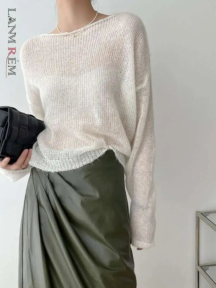 LANMREM Thin Knitted Sweater Women Long Sleeves Solid Color Transparent Pullover Female Fashion Top 2025 Spring Winter 2R4360 250806