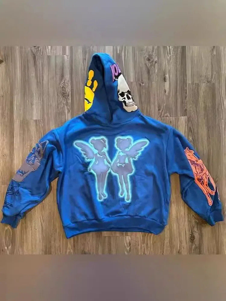 American style Y2K cartoon street hair bubble print hip-hop trendy top for both men and women loose pullover hoodie 250806