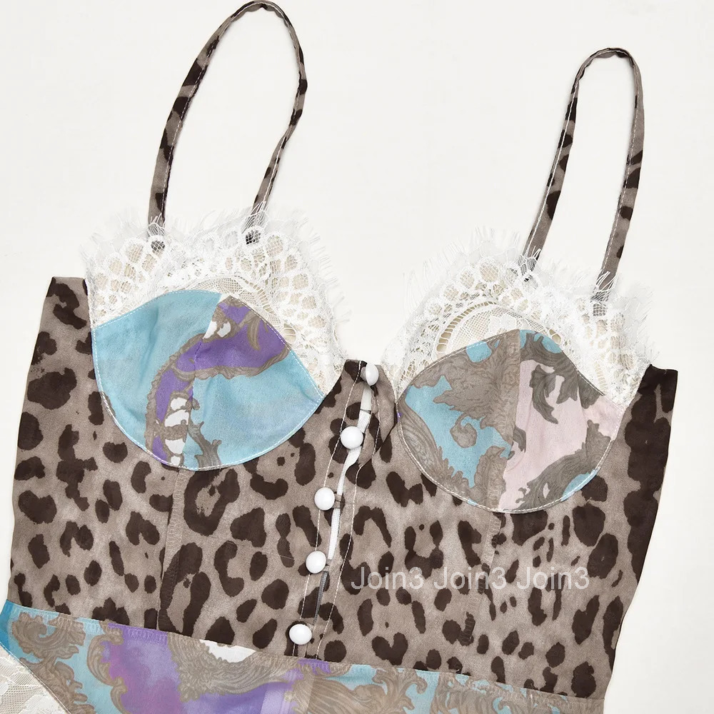 Mozision Leopard Print Lace Split Sexy Maxi Dress Women Gown Elegant Patchwork Chiffon Sleeveless Backless Beach Evening Dress