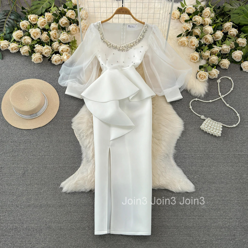 Sexy Square Collar Lantern Long Sleeve Sweet Embroidered Beads Chic Vintage Evening Party Club Women Slim Ruffle Split Dresses