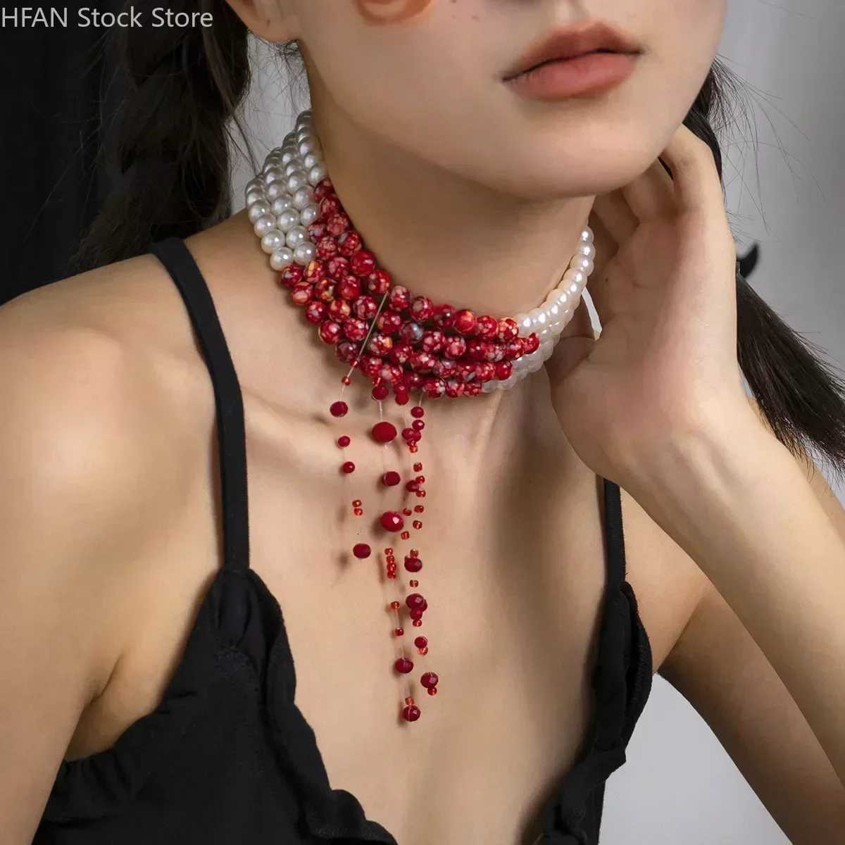 Necklace Dripping Blood Imitation Pearls Womens Necklace Halloween Choker Gothic Style Pearls Creative Tassel Choker Necklace Y250805