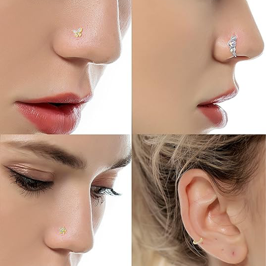 10Pcs Nose Ring Hoop Paved Flower Leaf Butterfly Feather CZ Cartilage Earrings Nose Piercing Jewelry for Women Men Gold Tone 20G