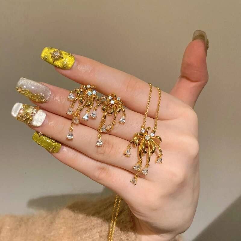 Light Vintage Style Fireworks Tassel Necklace Earrings Ultra Shiny Inlaid Zircon Elegant High-Value Jewelry Set