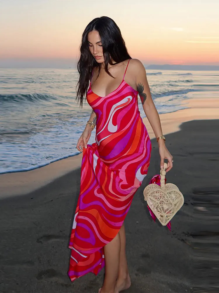 Striped Rainbow Spaghetti Strap Split Dress Women Sleeveless Backless V-neck Beach Dresses Summer Party Chic Lady Robe 250801