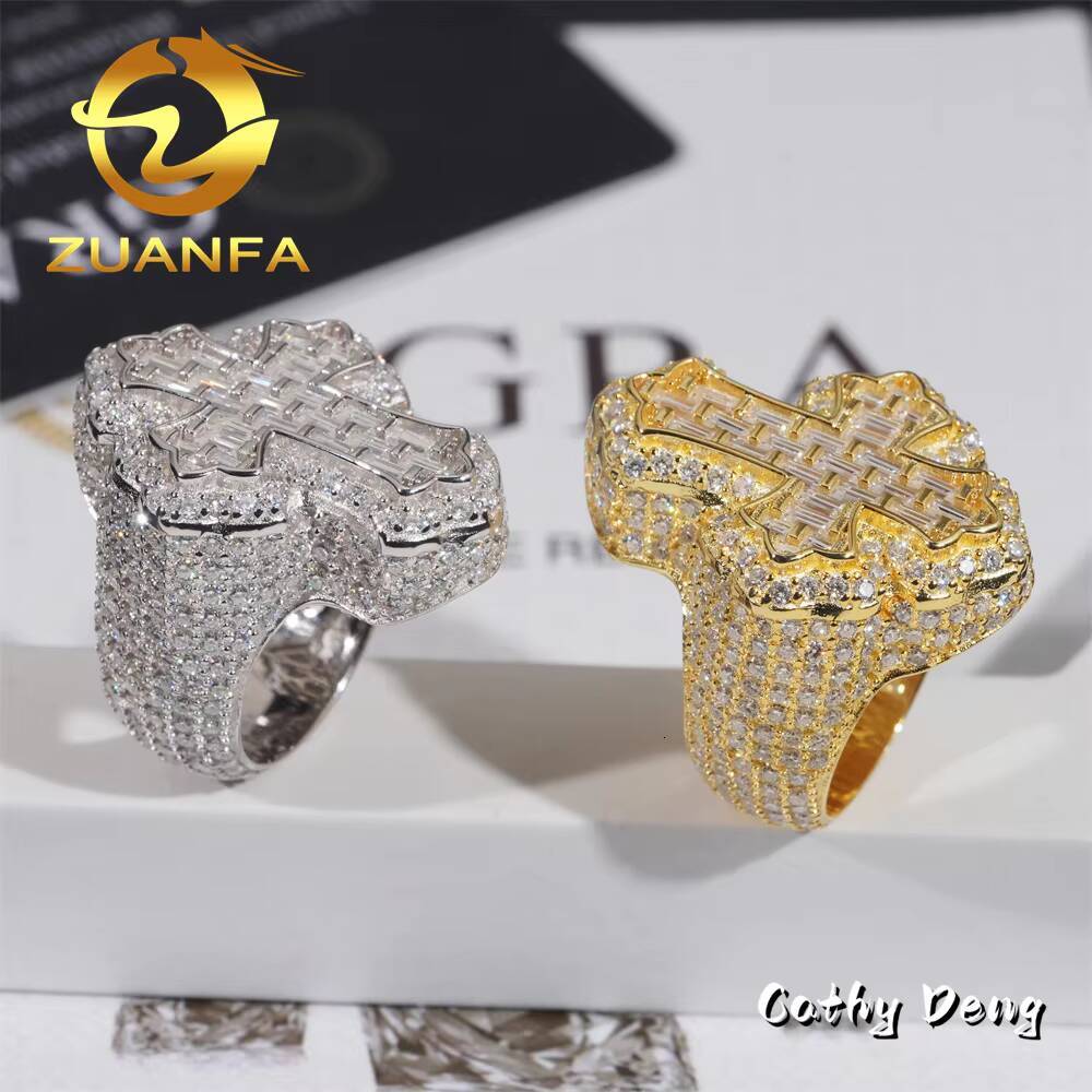 Hot Sale Instock Iced Out Cross Moissanite Diamond Rings 925 Sterling Silver Hip Hop Ring Pass Diamond Tester Men Cuban Ring