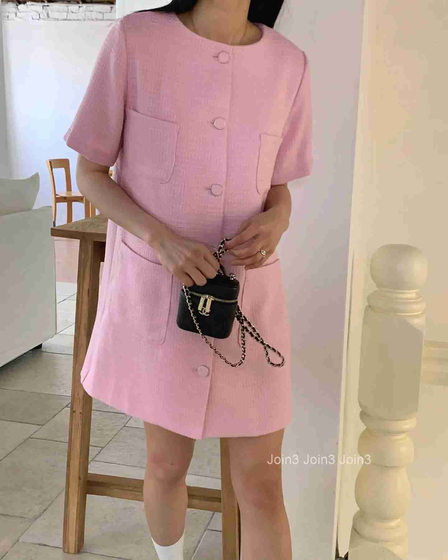 New Spring Summer Sweet Tweed Short Dress Round Neck Short Sleeve Korea Chic Women Dress Button Fashion Female Clothing
