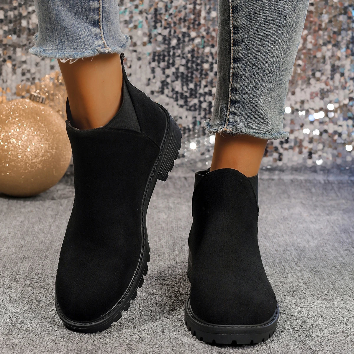 Womens Casual Fashion Round Toe Chunky Heel Suede Ankle Boots With V-cut 7cm Heels For Work And Anti-slip Outfits 250805