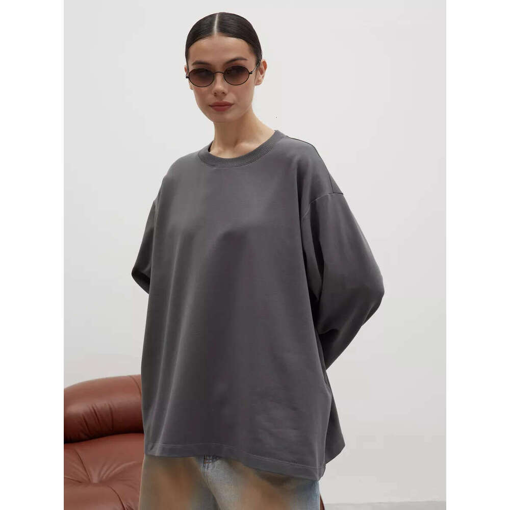 260G Combed Cotton Solid Color Long Sleeve T-Shirt For Women Loose Casual Round Neck Top High Quality B5