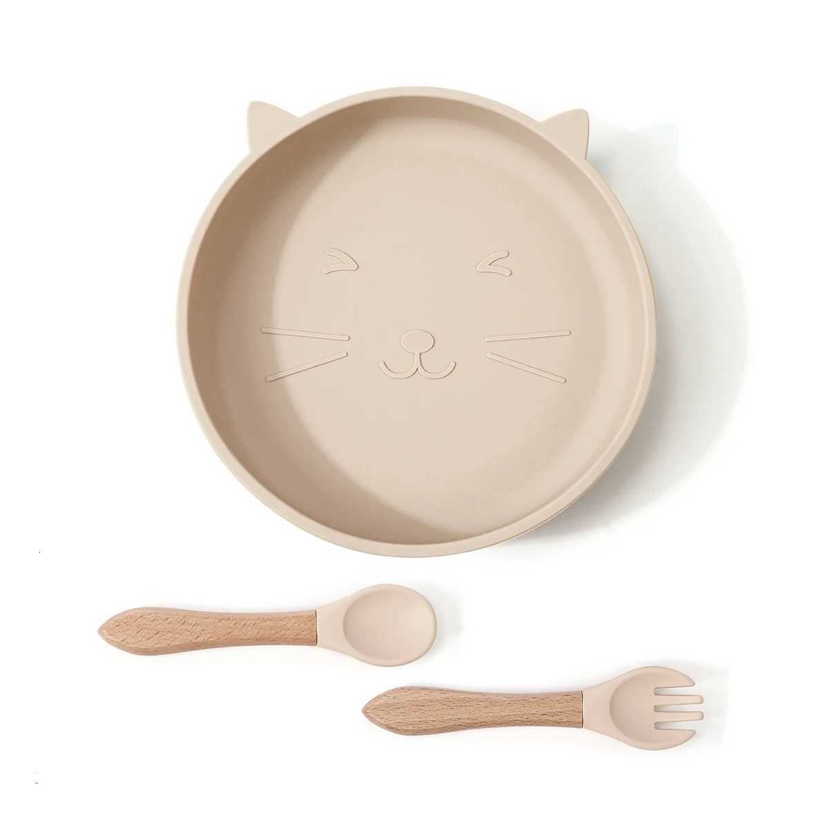 3PCS Silicone Children Tableware Baby Feeding Set Silicone Dinner Plate with Wooden Handle Spoon Fork BPA Free Baby Training Tableware X2508061