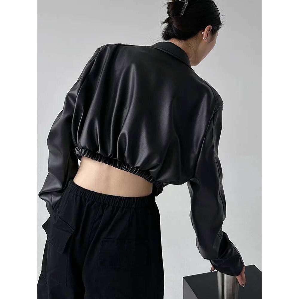 Jackets PU Leather Women Black Lapel Long Sleeve Crop Coats American Retro Streetwear Zipper Fashion Casual Female Outerwear