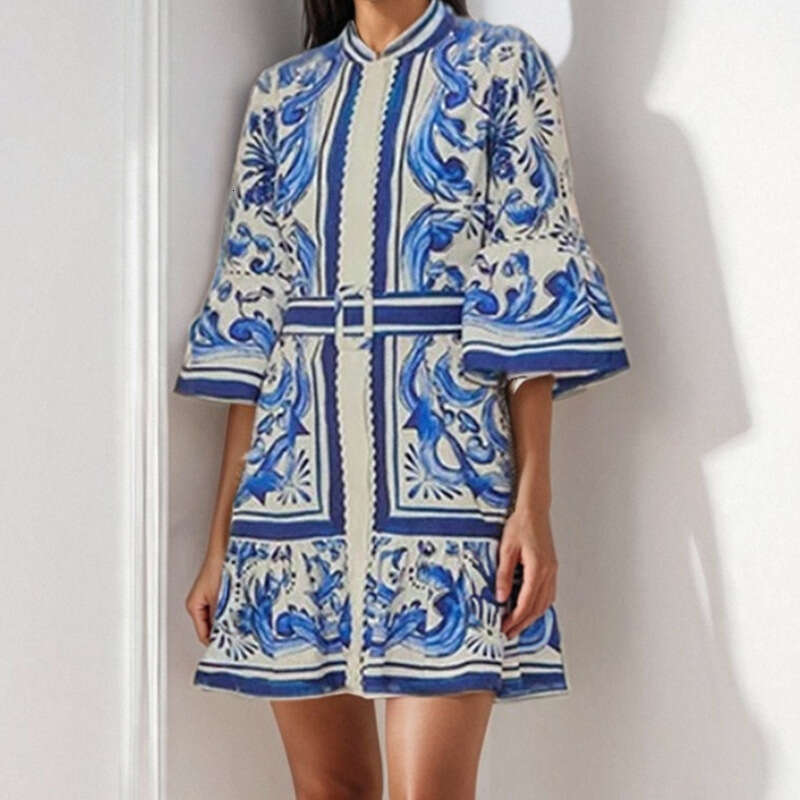 Spring New Women's French Style Round Neck Waist-Cinching Flared Sleeve Printed Dress B5