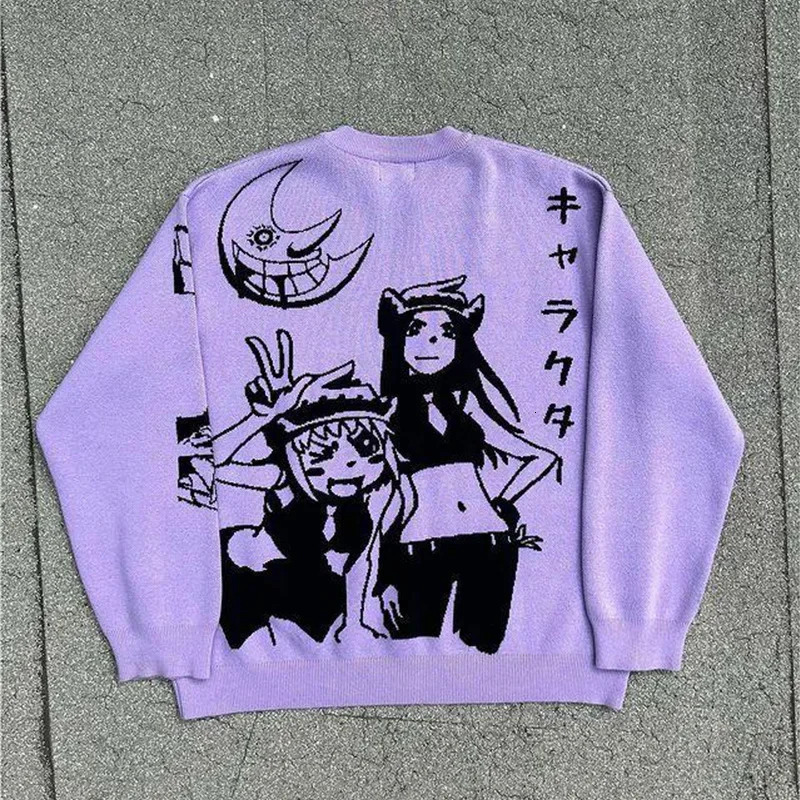 Harajuku sweaters Y2K retro 90s goth fitted round neck tops knitwear high quality Embroidery anime pattern oversized sweater 250806