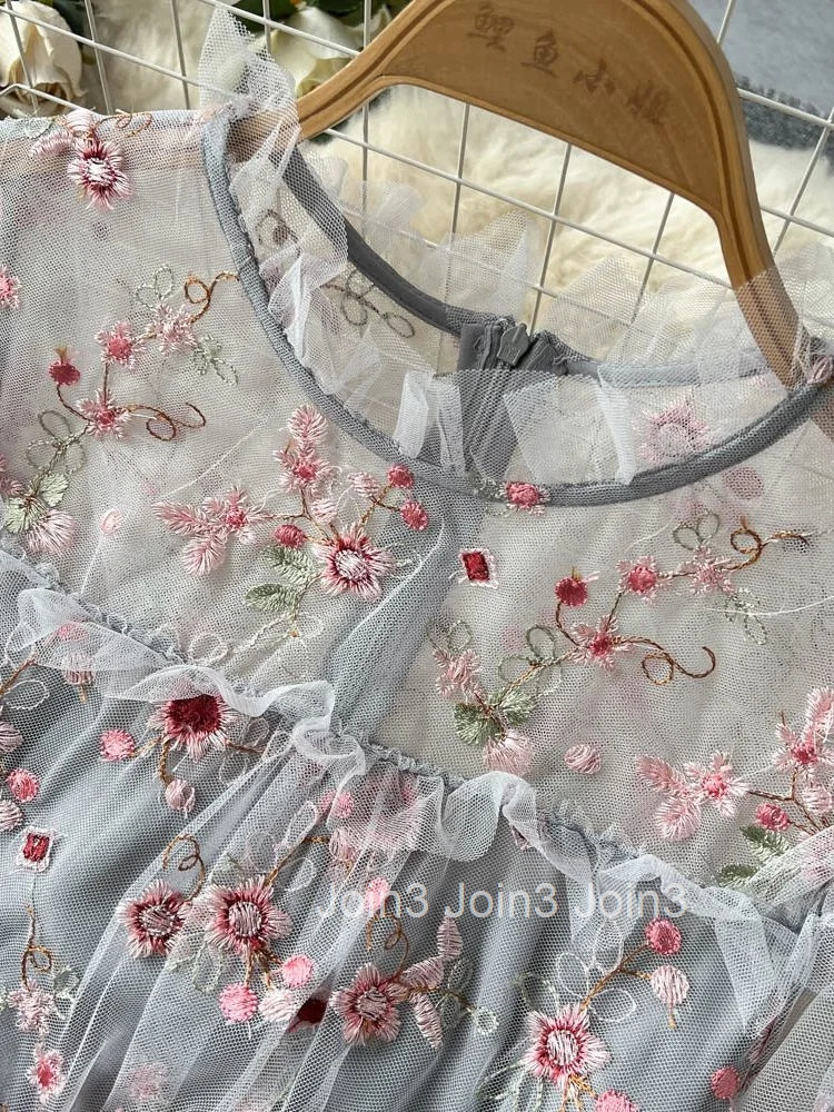 Runway Summer Flower Embroidery Cake Dress Women Tulle Mesh Short Sleeve Cascading Ruffles Maxi Long Party Vestidos Gorgeous