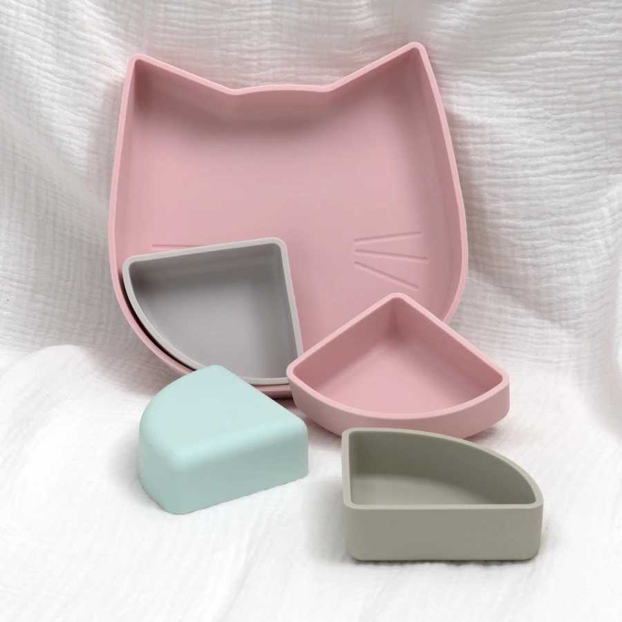2024 New Baby Tableware Cat Plate Four-compartment Small Bowl Waterproof Soft Silicone Cartoon Cat Suction Plate Custom Free X250806