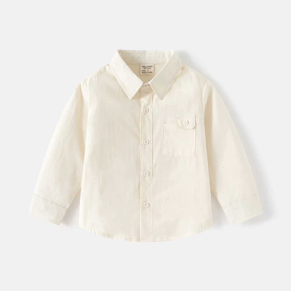 2025 Spring Autumn New 2 3 4 5 6 7 8 Years Handsome Solid Color Cotton Turn Down Collar Long Sleeve Pocket Baby Kids Boys Shirt X250806