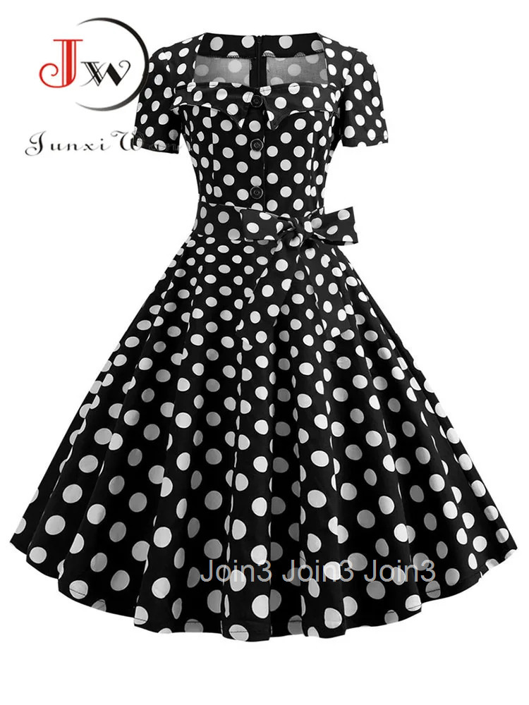 Womens Polka Dot Summer Midi Dress Square Collar Short Sleeve Elegant Vintage Casual Party Holiday Wear