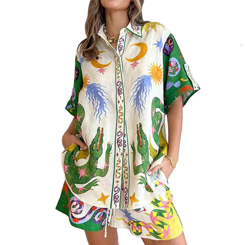 New Women's Elegant Printed Three-Quarter Sleeve Shorts Casual Fashion Set Two-Piece B5