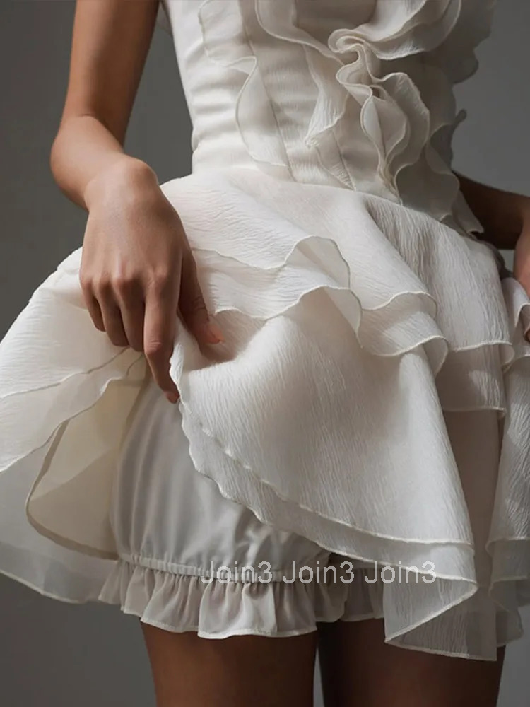 Elegant Fly Sleeve Ruffled Mini Dresses for Women Chic V Neck High Waist Female Short Dress Summer New Slim A Line Vestidos