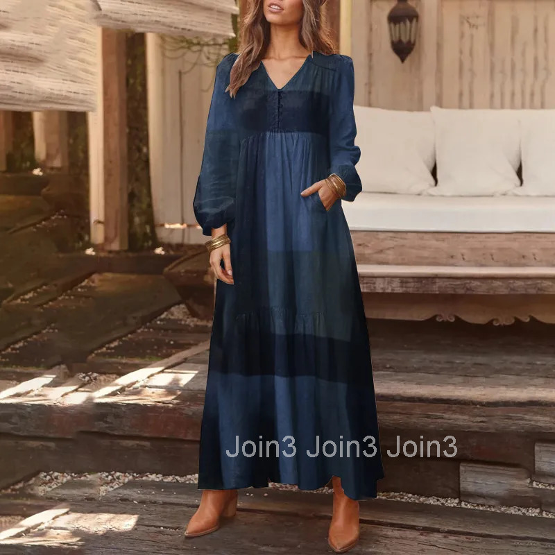 Elegant Losse Maxi Shirt Dress For Women Autumn Long Sleeve V Neck Vintage Plaid Print Long Dresses Ladies Dress Fashion Robe