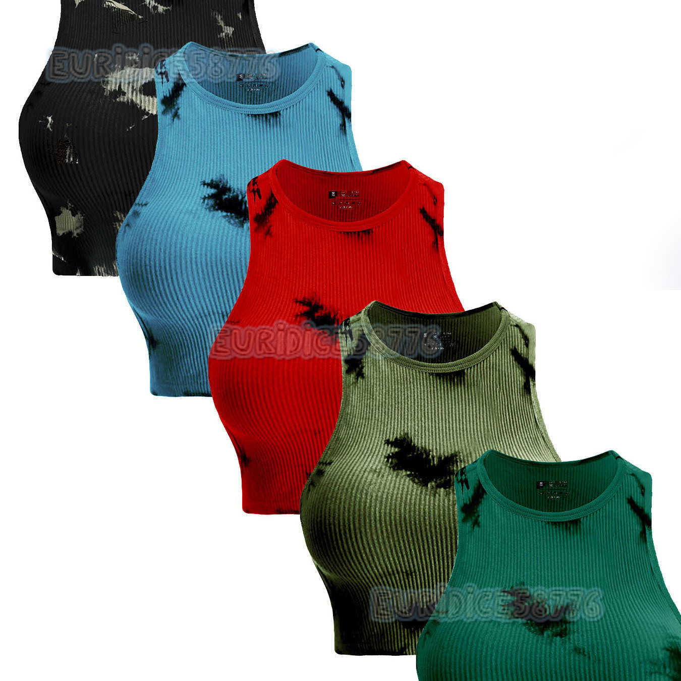 Womens Flat Round Neck Ribbed Tie-dye Sports Vest Summer Womens Clothing Yoga Gym Workout H250806