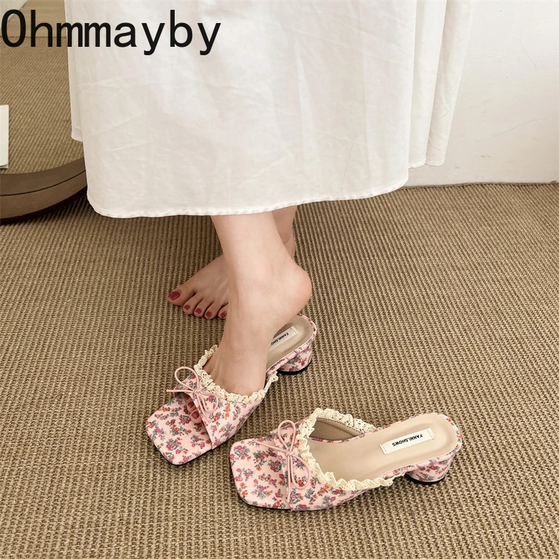 Summer Butterfly-knot Square Toe Women Slippers Elegant Thick Heel Slide Ladies Concise Beach Dress Sandalias 250731