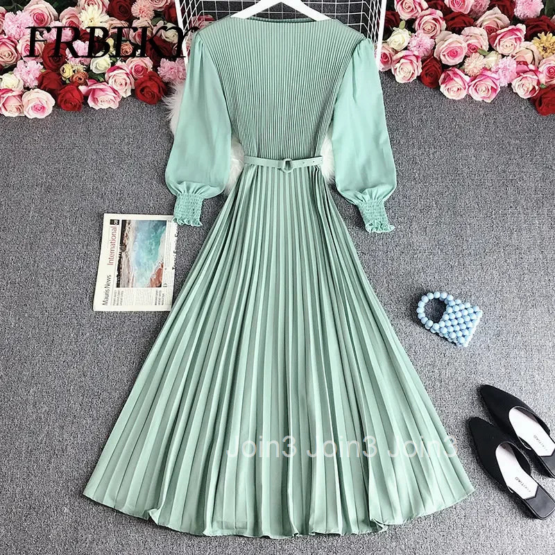 Pleated Dresses New Fashion Waist Slimming Temperament French Dress Elegant Long Sleeve Pleated Waistband Romper Evening Dresses
