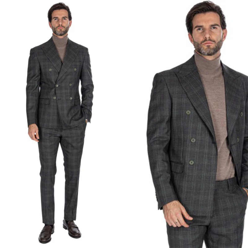 Men's Casual Two-Pieces Suit Set Wedding Dress Shirt Slim Fit Double Breasted Plaid Design Youth Fashion Banquet Wear