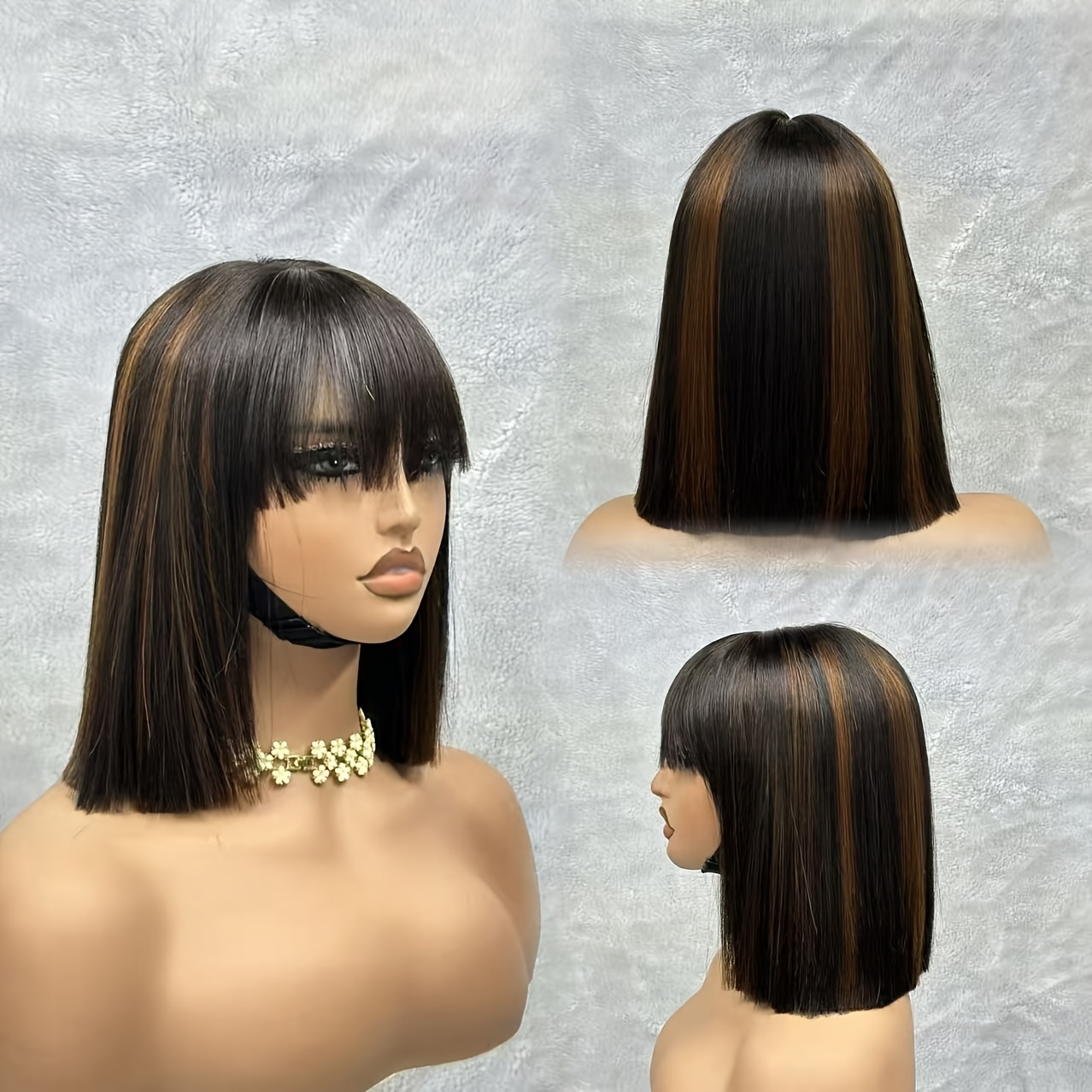 3x1 Lace Bone Straight Bob Super Double Drawn #1B/4 Highlight Brown Black Piano Color Vietnamese Virgin Raw Human Hair Fringe Bangs BOB Wig