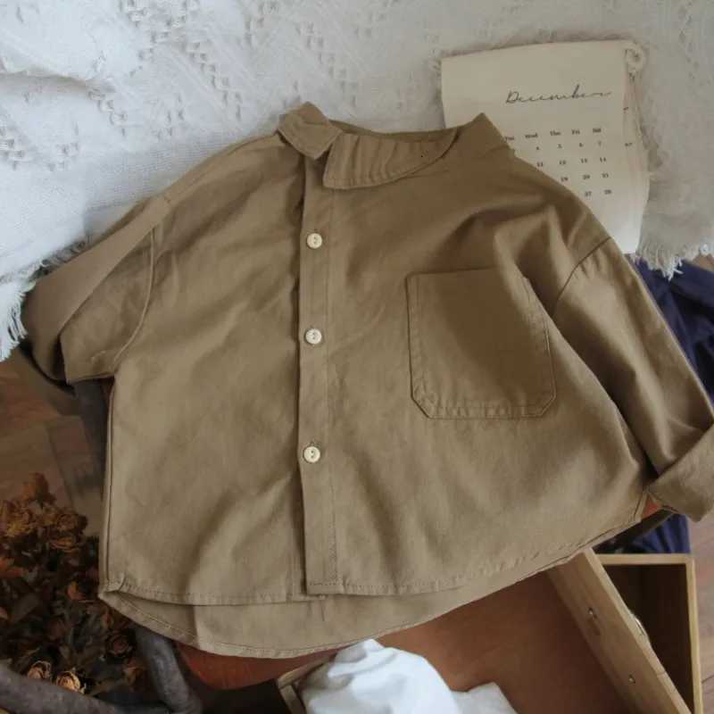 Spring and Autumn Childrens Solid Color Shirt Design Sense Boys Girls Top Side Collar Design Cotton and Linen Thin Shirt X250806