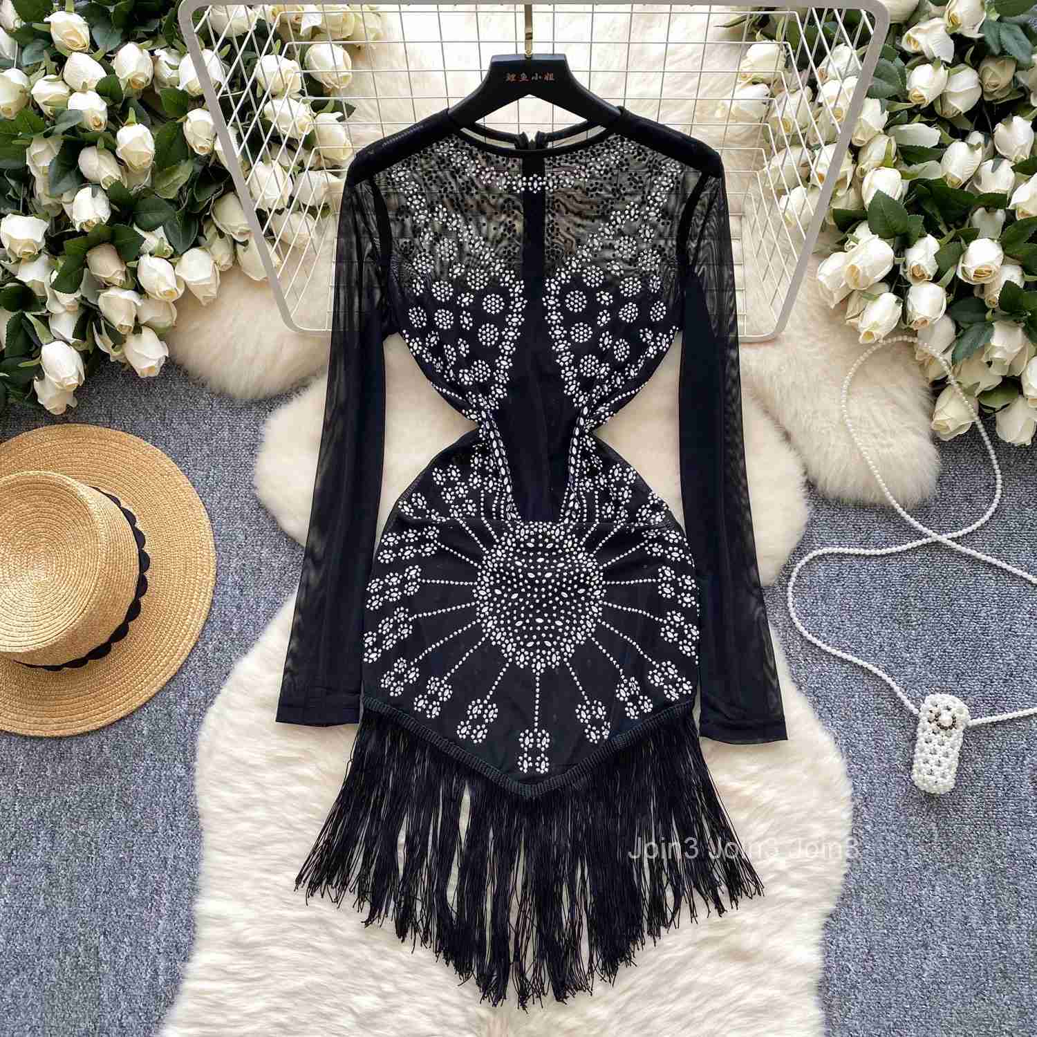 Elegant Long Sleeves Vintage O-neck Chic Rhinestone Tassel Slim Mesh Dresses Evening High Street Autumn Women Elastic Clothing