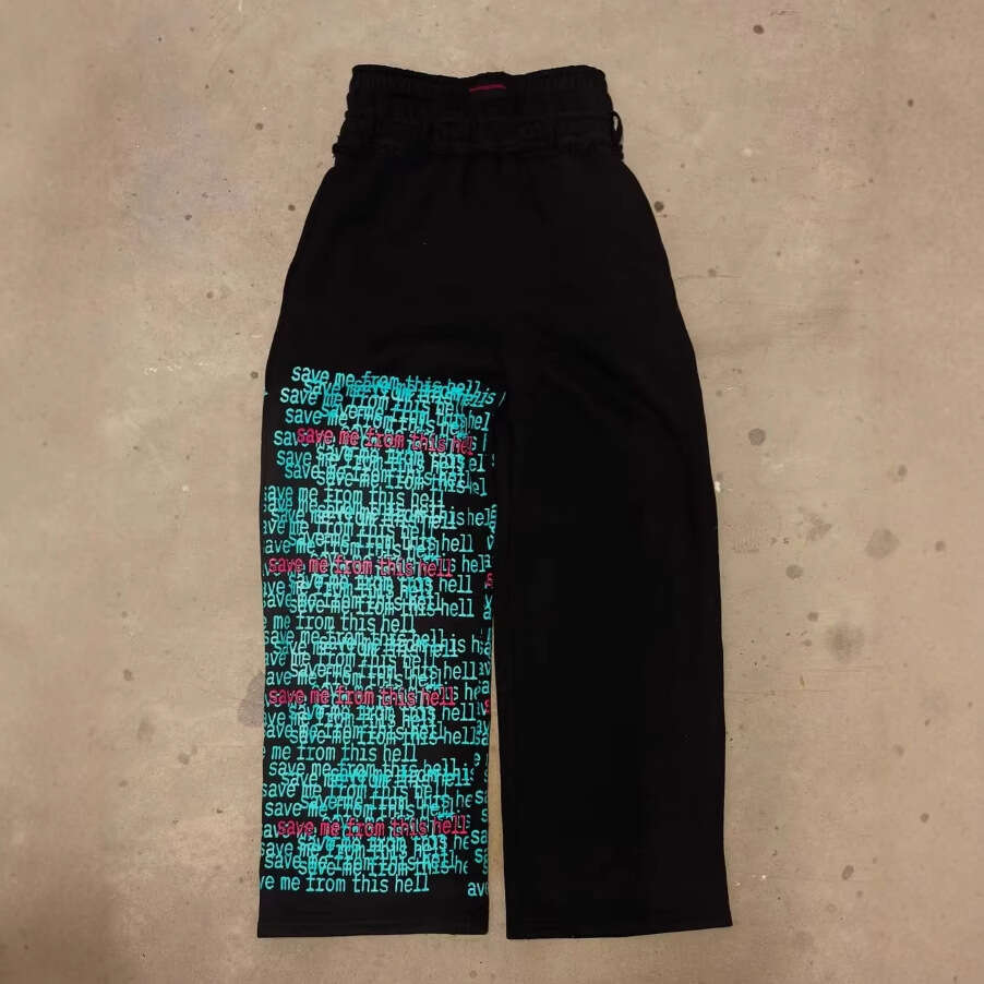 American High Letter Print Double Waistband Casual Pants Men Street Hip Hop Fake Two-Piece Loose Straight Sweatpants