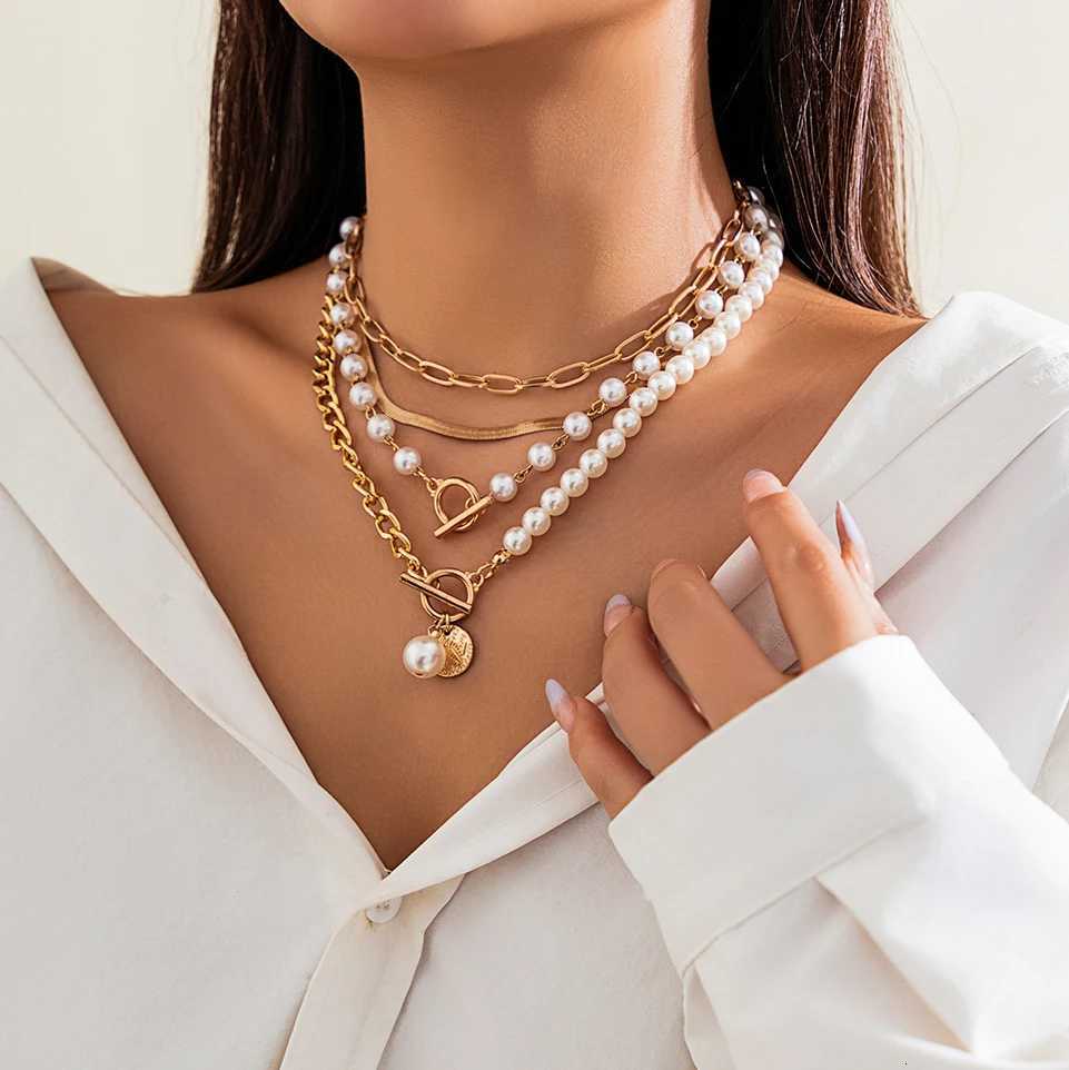 Layered Imitation Pearl and Thick Chains Choker Necklace for Women Trendy Beaded Chains on Neck Accessories 2023 Fashion Jewelry Y250805