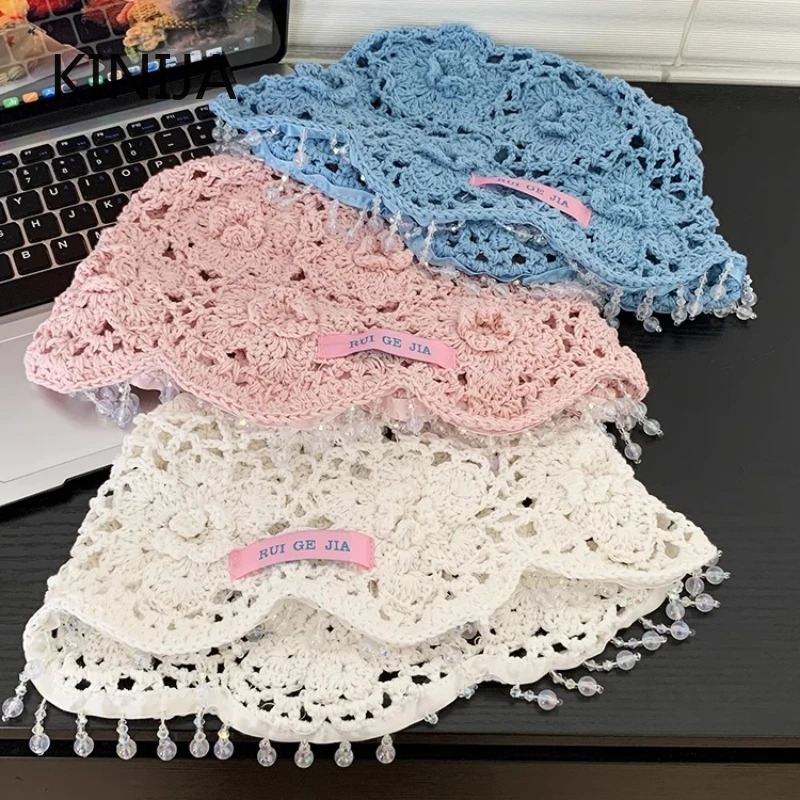 Handmade Tassel Knitted Hat Women Bohemian Beaded Fringed Pullover Hats for Girl Summer Travel Po Hollow Beanies Cap Y2K 250730
