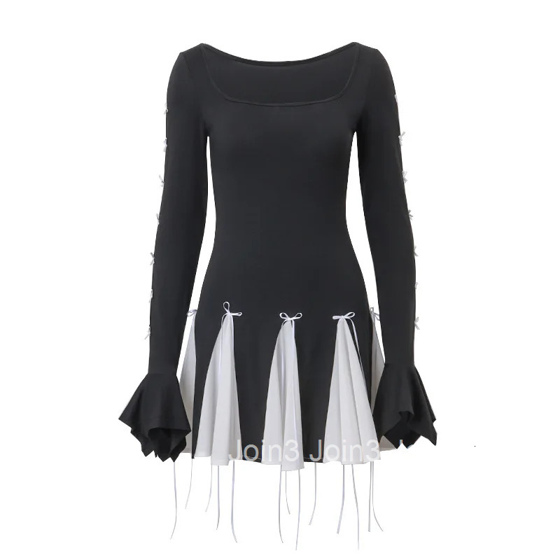 Black Mini Dress For Women Autumn Patchwork Fashion Flare Sleeve Bandage Sexy O-Neck A-LINE Dress Casual Club Elegant Partywear
