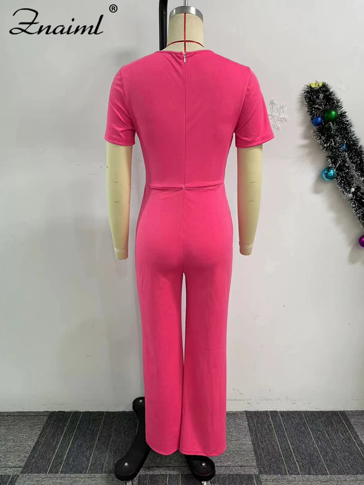 Znaiml Women Elegant Long Jumpsuits for Party Summer Short Sleeve Buttons Solid Color Wide Leg Pants Rompers One Pieces Overalls 250804
