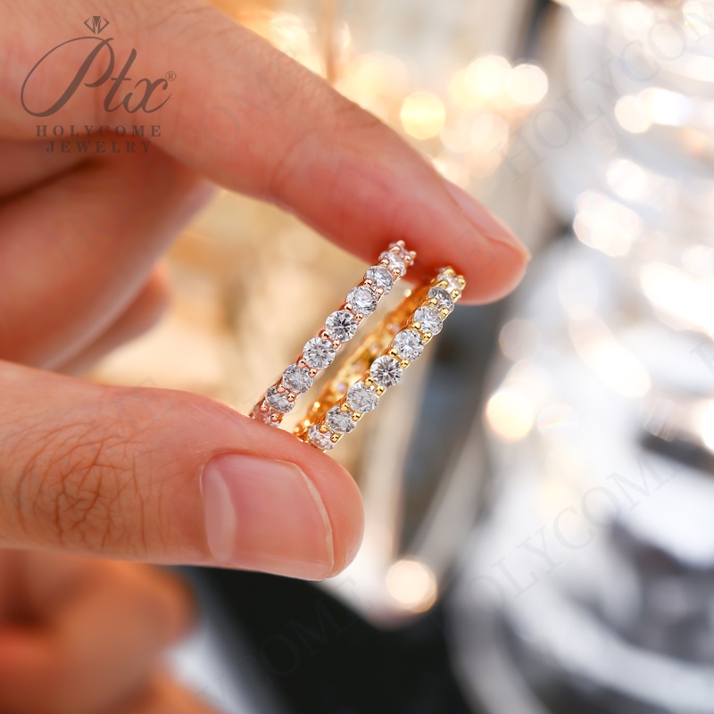 Fashion 3mm D Color Full Moissanite Row Rings For Women S925 Sterling Silver Eternity Bands Gold Plated Sparkling Wedding Rings Fine Jewelry