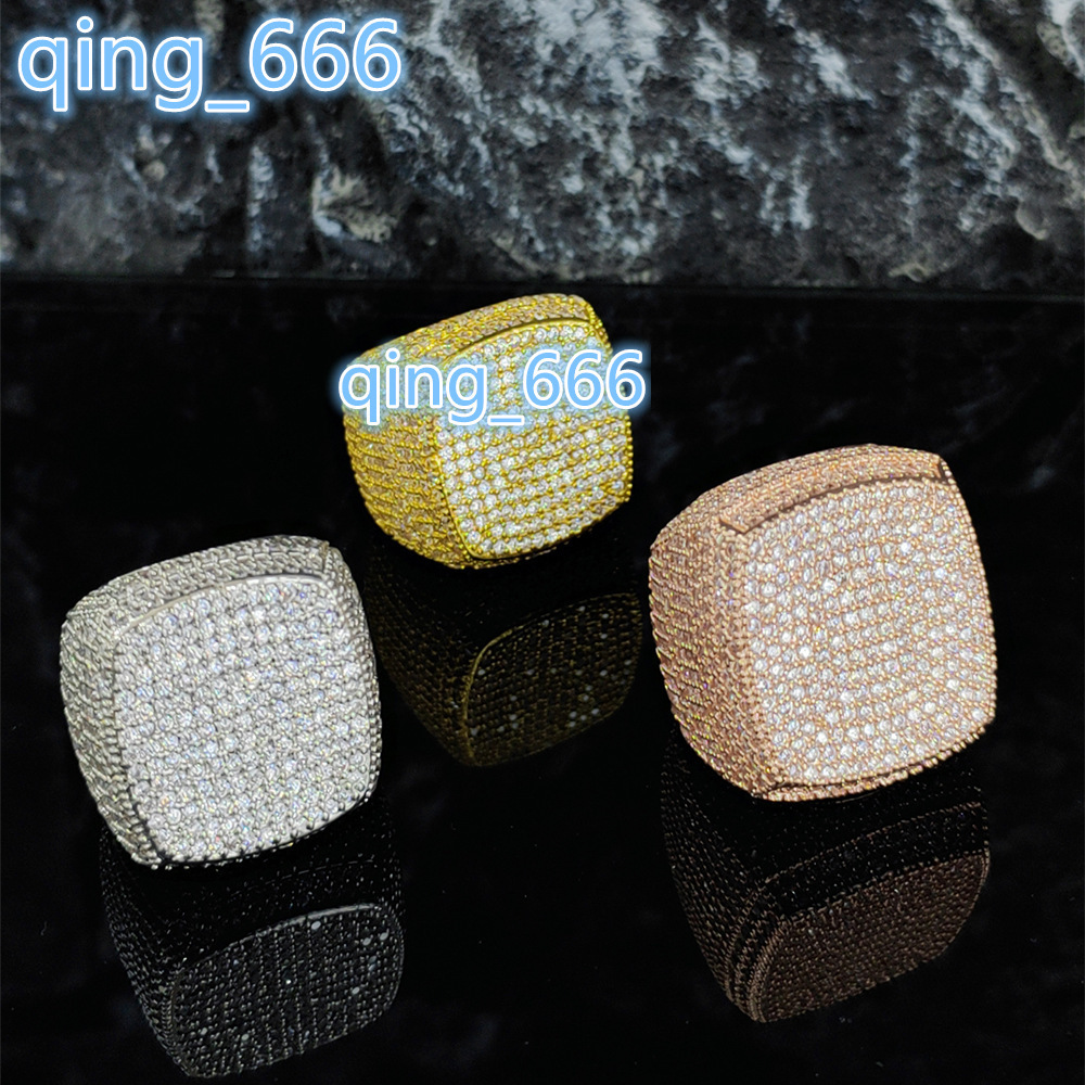 Hip Hop Large Square Ring Fashionable Personality Trendy Full Diamond Copper Inlaid