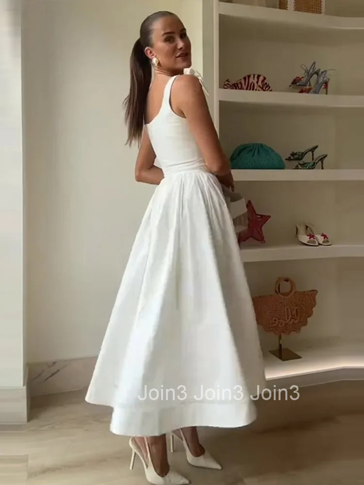 Fashion Woman Solid Bow A-line Dresses Ankle-length Sleeveless Backless Elegant Robes S Evening Party Bandage Slim Vestido