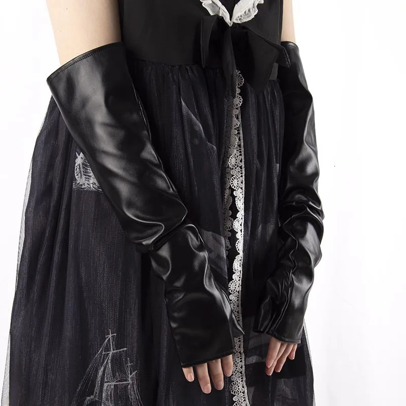 Black Punk Gothic Sexy Long PU Leather Fingerless Gloves for Women Rock Gloves Hip Pop Mittens Clubwear Dance Cosplay 250806